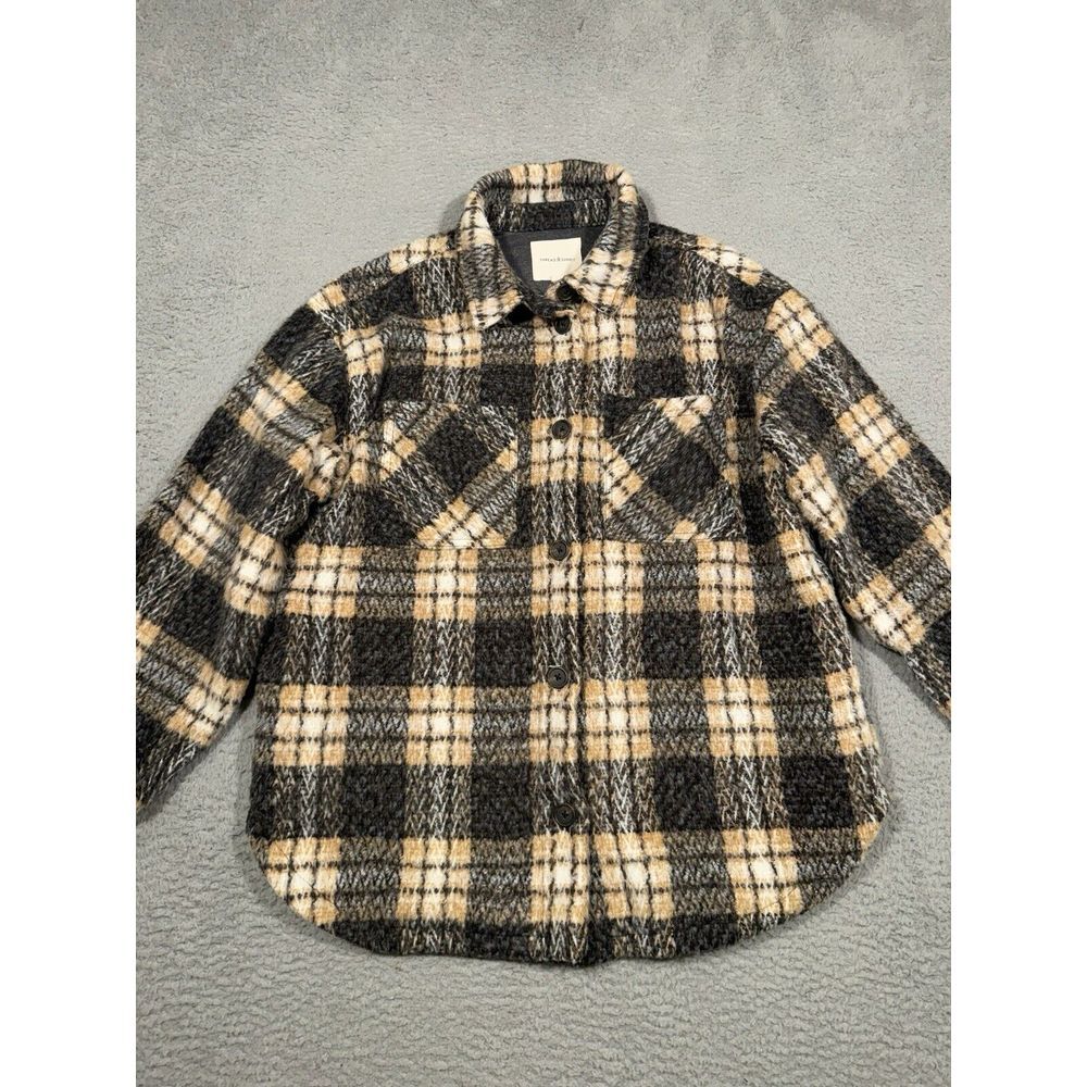 Thread & Supply Womens ShacketFlannel Sherpa‎ Jacket Black Tan Button  Large L